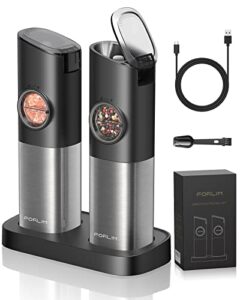 gravity electric salt and pepper grinder set, 𝐔𝐩𝐠𝐫𝐚𝐝𝐞𝐝 large capacity, usb rechargeable automatic one hand operated, adjustable coarseness, auto dust lid, led light, stain steel grey, 2 mills
