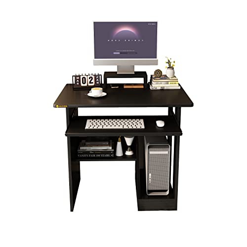 YQ JENMW 29in Computer Desk with Monitor Stand and Keyboard Tray for Small Space, Wood PC Laptop for Bedroom, Writing Table with Shelves for Kids, Black