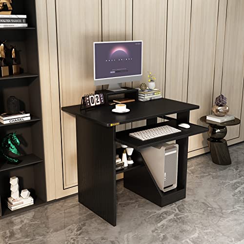 YQ JENMW 29in Computer Desk with Monitor Stand and Keyboard Tray for Small Space, Wood PC Laptop for Bedroom, Writing Table with Shelves for Kids, Black