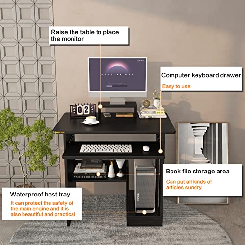 YQ JENMW 29in Computer Desk with Monitor Stand and Keyboard Tray for Small Space, Wood PC Laptop for Bedroom, Writing Table with Shelves for Kids, Black