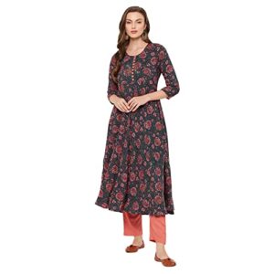 Tissu Women's Rayon Green & Pink Floral Printed A-Line Kurta 2201_Green_L