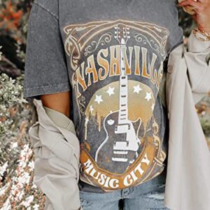 Binshre Womens Nashville Shirts Country Music Concert Tshirts Distressed Graphic Short Sleeve Tees for Women Grey L