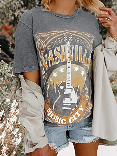 Binshre Womens Nashville Shirts Country Music Concert Tshirts Distressed Graphic Short Sleeve Tees for Women Grey L