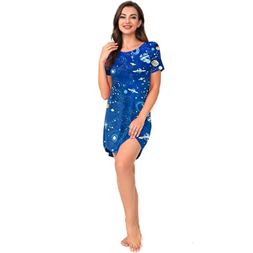 MINANUO Summer Short Sleeve Nightgowns for Women Adults Soft Maternity Sleepwear Petite Night Shirt Womens Loungewear Ladies Cozy Sleepshirt Nightwear(Blue Space, S)