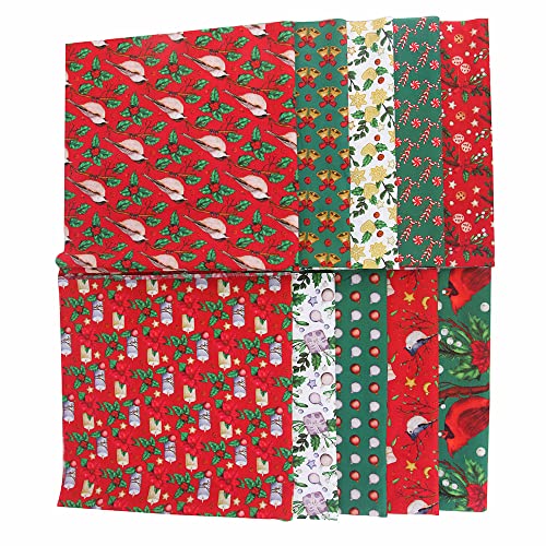 10PCS Christmas Cotton Fabric Bundles 20" x 20" Printed Fat Quarter Fabric Pre-Cut Squares Sheets Fabric for Patchwork Sewing DIY Crafting Quilting Fabric