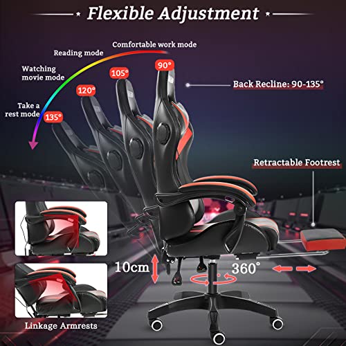 HOFFREE Gaming Chair with Bluetooth Speakers and Lights Ergonomic Computer Massage Gaming Chair with LED RGB Lights Footrest High Back Music Video Game Chair with Lumbar Support Red and Black