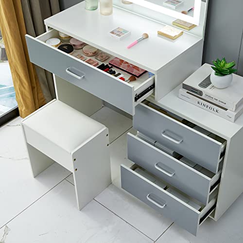 meolanov Modern Dressing Table Makeup Desk with LED Touch Light Mirror Drawers Shleves Stool(46.5'' Lx13.7''Wx49''H) White,Vanity Makeup Dressing Table Stool Set