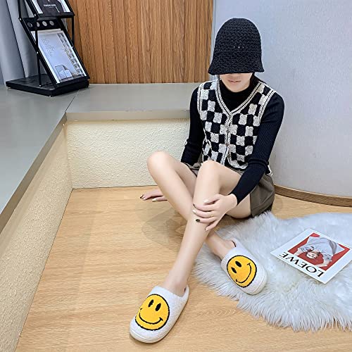 PLMOKN Smile Face Slippers,Retro Soft Plush Lightweight House Slippers Slip-on Cozy Indoor Outdoor Slippers,Slip on Anti-Skid SoleWhite01 10-11Women/9-10Men