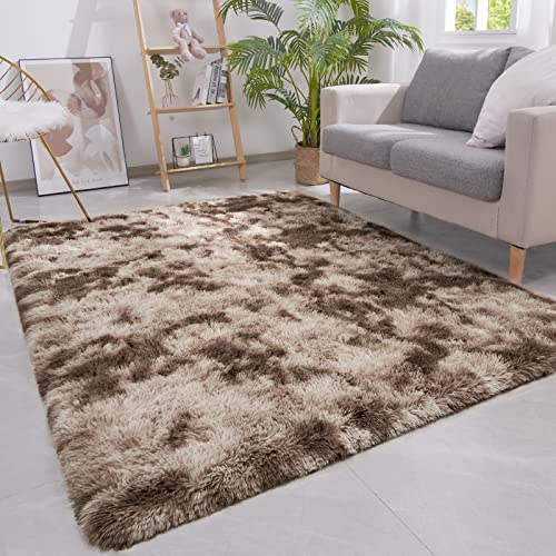 Vocrite Shag Rug for Bedroom, 4'x6' Fluffy Rectangluar Brown Shaggy Living Room Area Rugs, Non-Slip Plush Furry Fuzzy Faux Fur Carpet, Cozy Soft Throw Rug for Classroom Boys&GirlsNursery Dorm