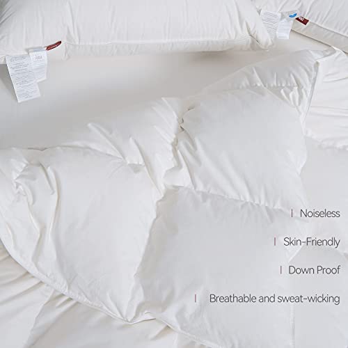 Airluck Feather Down Comforter Queen Size Full Hotel Fluffy Duvet Insert All Seasons Down Blanket Solid White 90x90 inches Medium Warm 50oz Soft Down Proof Cotton Poly Cover with Corner Tabs