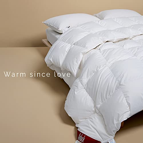 Airluck Feather Down Comforter Queen Size Full Hotel Fluffy Duvet Insert All Seasons Down Blanket Solid White 90x90 inches Medium Warm 50oz Soft Down Proof Cotton Poly Cover with Corner Tabs