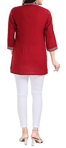 IshDeena Indian Kurtis for Women Indian Style Printed Embroidered Tunics Womens Tops Kurta (Extra Large, Red - 0622S1ID2)