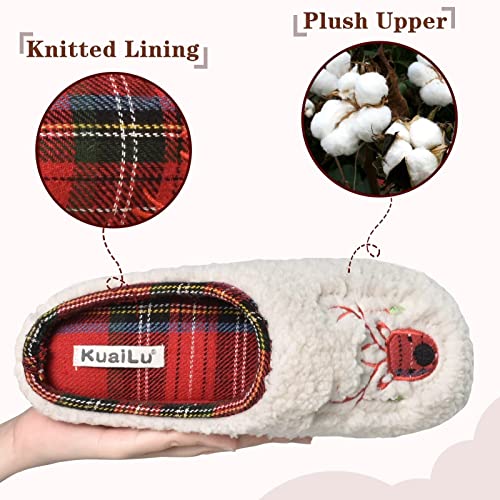 KuaiLu House Slippers Women, Cozy Memory Foam Reindeer Ladies Slippers Orthopedic Plantar Fasciitis Arch Support Bedroom Slippers Slip on Comfy Warm Home Shoes Indoor Outdoor Hard Sole Red Size 9