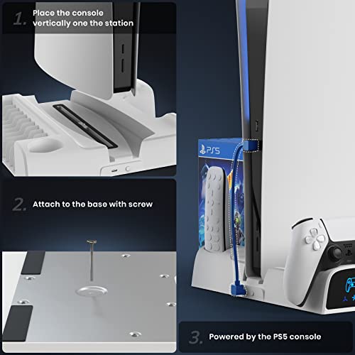 CODOGOY PS5 Stand with 2 Cooling Fan, Dual Fast PS5 Controller Charging Station with Games Storage, PS5 Cooling Station PS5 Accessories Vertical Stand for Sony Playstation 5 Disc & Digital Editions