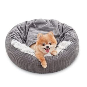 mixjoy small dog bed with blanket attached, round calming hooded cozy cave dog beds for small dogs, soft plush cuddler puppy pet bed and dog burrow cave bed, anti-slip bottom, 23inch