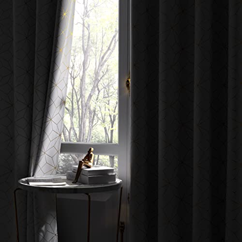 Beauoop Metallic GEO Blackout Window Curtain Panels Thermal Insulated Light Blocking Trellis Moroccan Drapes for Bedroom Living Room Diamond Grommet Window Treatment, Set of 2, 50" x 84", White/Gold