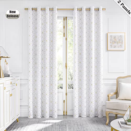 Beauoop Metallic GEO Blackout Window Curtain Panels Thermal Insulated Light Blocking Trellis Moroccan Drapes for Bedroom Living Room Diamond Grommet Window Treatment, Set of 2, 50" x 84", White/Gold