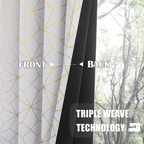 Beauoop Metallic GEO Blackout Window Curtain Panels Thermal Insulated Light Blocking Trellis Moroccan Drapes for Bedroom Living Room Diamond Grommet Window Treatment, Set of 2, 50" x 84", White/Gold