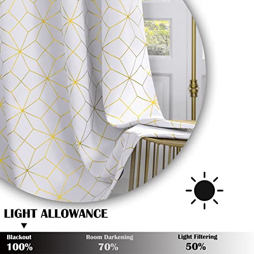 Beauoop Metallic GEO Blackout Window Curtain Panels Thermal Insulated Light Blocking Trellis Moroccan Drapes for Bedroom Living Room Diamond Grommet Window Treatment, Set of 2, 50" x 84", White/Gold