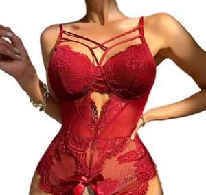 pyroluna women’s lingerie one piece floral lace teddy bodysuit strappy for boudoir with bow cute nightie (wine red, x-large)