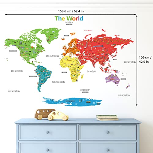 DECOWALL DLT-1902N Large Colorful Landmark World Map Wall Stickers Wall Decals Peel and Stick Removable Wall Stickers for Kids Nursery Bedroom Living Room décor
