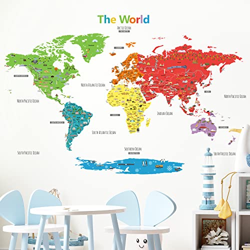 DECOWALL DLT-1902N Large Colorful Landmark World Map Wall Stickers Wall Decals Peel and Stick Removable Wall Stickers for Kids Nursery Bedroom Living Room décor