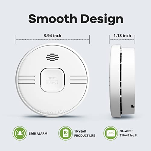 Smoke Detector with Photoelectric Sensor, Fire Alarms Smoke Detector 10 Year Battery Operated with LED Indicator & Silence Button, Smoke Alarm for Home and Kitchen GW208B, 2Packs