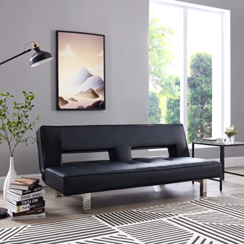 Naomi Home Black Futon Sofa Bed, Faux Leather Futon Couch, Black Sofa Bed Couch Convertible with Wooden Legs, Pull Out Sofa Bed, Reclining Small Couch Bed, Folding Futon Bed for Living Room