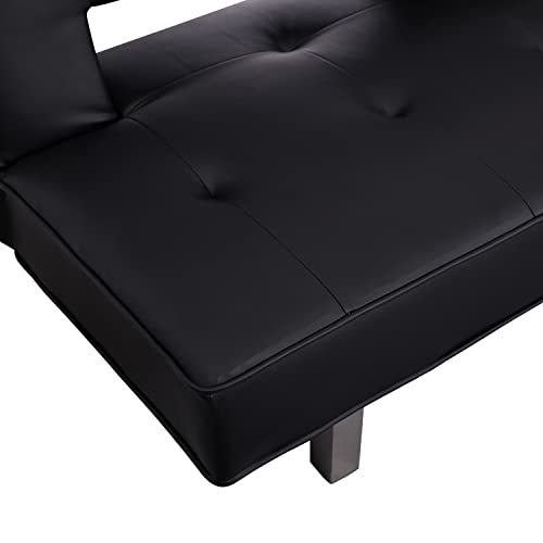 Naomi Home Black Futon Sofa Bed, Faux Leather Futon Couch, Black Sofa Bed Couch Convertible with Wooden Legs, Pull Out Sofa Bed, Reclining Small Couch Bed, Folding Futon Bed for Living Room