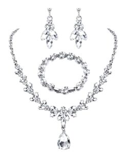 fibo steel wedding jewelry for bride bridesmaid crystal rhinestone teardrop earrings necklace bracelets jewelry set for women party wedding prom jewelry adjustable b