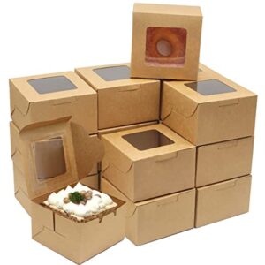 Wei Long 30pcs 4 Inches Bakery Boxes Cookie Boxes Cake Boxes with Window 4x4x2.5 Inches Pastry Treat Boxes for Mini Cakes Cupcakes Candy Chocolate Strawberries Muffins Donuts (Brown)