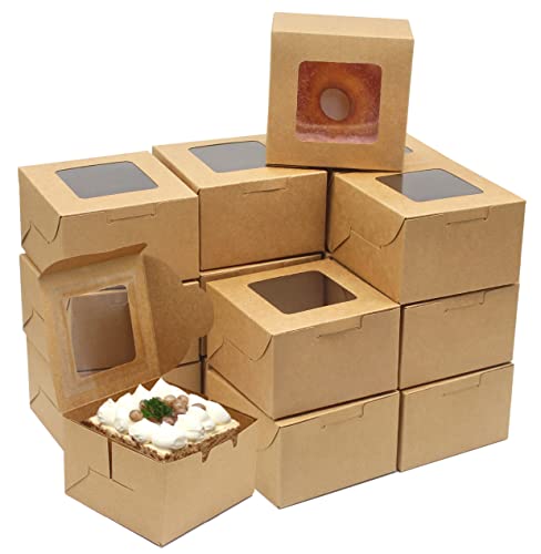 Wei Long 30pcs 4 Inches Bakery Boxes Cookie Boxes Cake Boxes with Window 4x4x2.5 Inches Pastry Treat Boxes for Mini Cakes Cupcakes Candy Chocolate Strawberries Muffins Donuts (Brown)