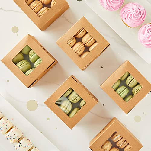 Wei Long 30pcs 4 Inches Bakery Boxes Cookie Boxes Cake Boxes with Window 4x4x2.5 Inches Pastry Treat Boxes for Mini Cakes Cupcakes Candy Chocolate Strawberries Muffins Donuts (Brown)