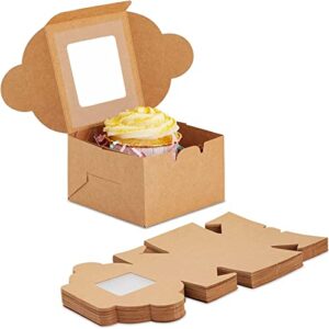 Wei Long 30pcs 4 Inches Bakery Boxes Cookie Boxes Cake Boxes with Window 4x4x2.5 Inches Pastry Treat Boxes for Mini Cakes Cupcakes Candy Chocolate Strawberries Muffins Donuts (Brown)