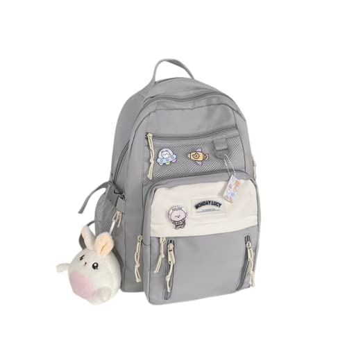 KOWVOWZ Kawaii Large aesthetic Bookbags for Girl Students Back to school Laptop Backpacks 15.6 Inch School Bag with Cute Pin (Gray), 12.6''x5.1''x16.9''