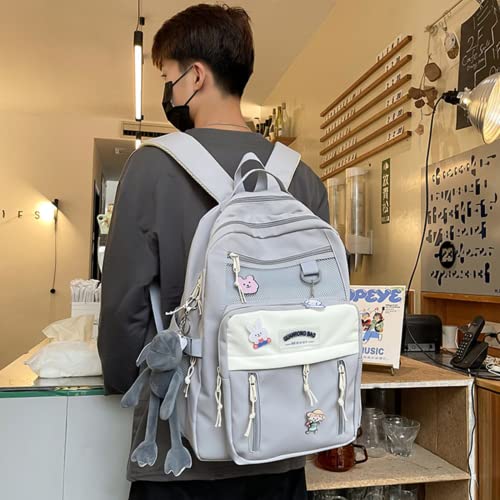 KOWVOWZ Kawaii Large aesthetic Bookbags for Girl Students Back to school Laptop Backpacks 15.6 Inch School Bag with Cute Pin (Gray), 12.6''x5.1''x16.9''