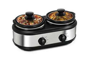 dual slow cooker, buffet servers and warmers with 2 x 1.25qt, tempered glass lids and lid rests, 3 adjustable temp, stainless steel