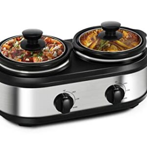 Dual Slow Cooker, Buffet Servers and Warmers with 2 X 1.25Qt, Tempered glass lids and Lid Rests, 3 Adjustable Temp, Stainless Steel