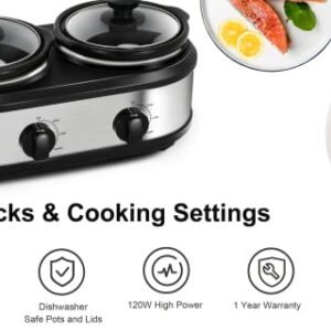 Dual Slow Cooker, Buffet Servers and Warmers with 2 X 1.25Qt, Tempered glass lids and Lid Rests, 3 Adjustable Temp, Stainless Steel