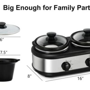 Dual Slow Cooker, Buffet Servers and Warmers with 2 X 1.25Qt, Tempered glass lids and Lid Rests, 3 Adjustable Temp, Stainless Steel