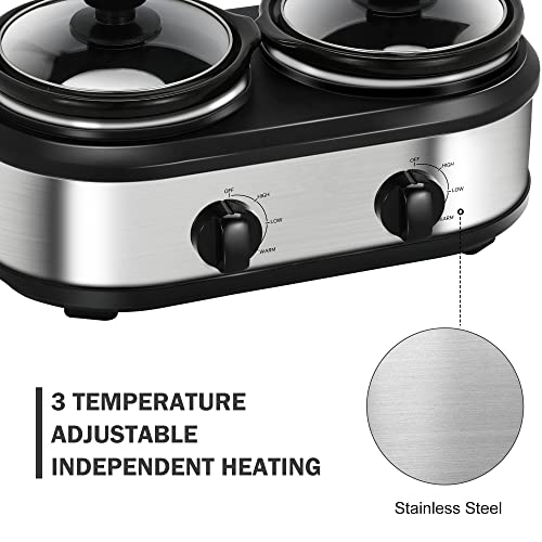 Dual Slow Cooker, Buffet Servers and Warmers with 2 X 1.25Qt, Tempered glass lids and Lid Rests, 3 Adjustable Temp, Stainless Steel