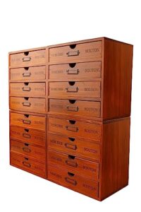 16-drawer wooden storage box (19.6”x6.89”x19.6”) vintage filing cabinet in walnut wood - 16-slot wooden desk drawer unit w/label holders & handles - multi level countertop drawer organizer