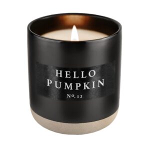 sweet water decor hello pumpkin soy candle | pumpkin, warm spices, vanilla, and whipped cream fall scented candles for home | 12oz black stoneware jar, 60+ hour burn time, made in the usa