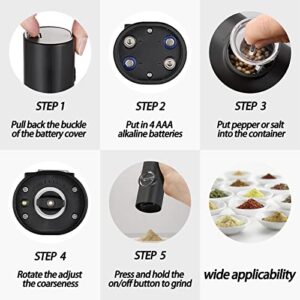 KIEKRO Electric Salt and Pepper Grinder Set, Battery Operated Salt and Pepper Grinder (without Battery), Kitchen Gadget with White Led Light, Adjustable Coarseness, One-hand One-button Start, Black