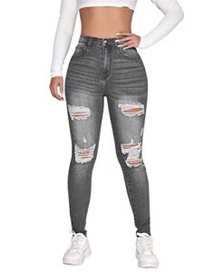 sweatyrocks women's casual high rise ripped jeans zipper fly skinny denim pants grey m
