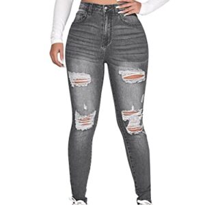 SweatyRocks Women's Casual High Rise Ripped Jeans Zipper Fly Skinny Denim Pants Grey M