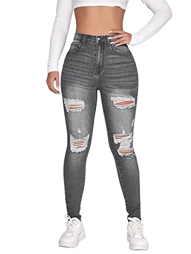 SweatyRocks Women's Casual High Rise Ripped Jeans Zipper Fly Skinny Denim Pants Grey M