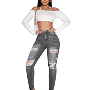 SweatyRocks Women's Casual High Rise Ripped Jeans Zipper Fly Skinny Denim Pants Grey M