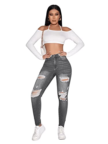 SweatyRocks Women's Casual High Rise Ripped Jeans Zipper Fly Skinny Denim Pants Grey M