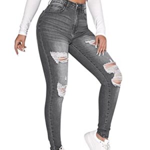 SweatyRocks Women's Casual High Rise Ripped Jeans Zipper Fly Skinny Denim Pants Grey M